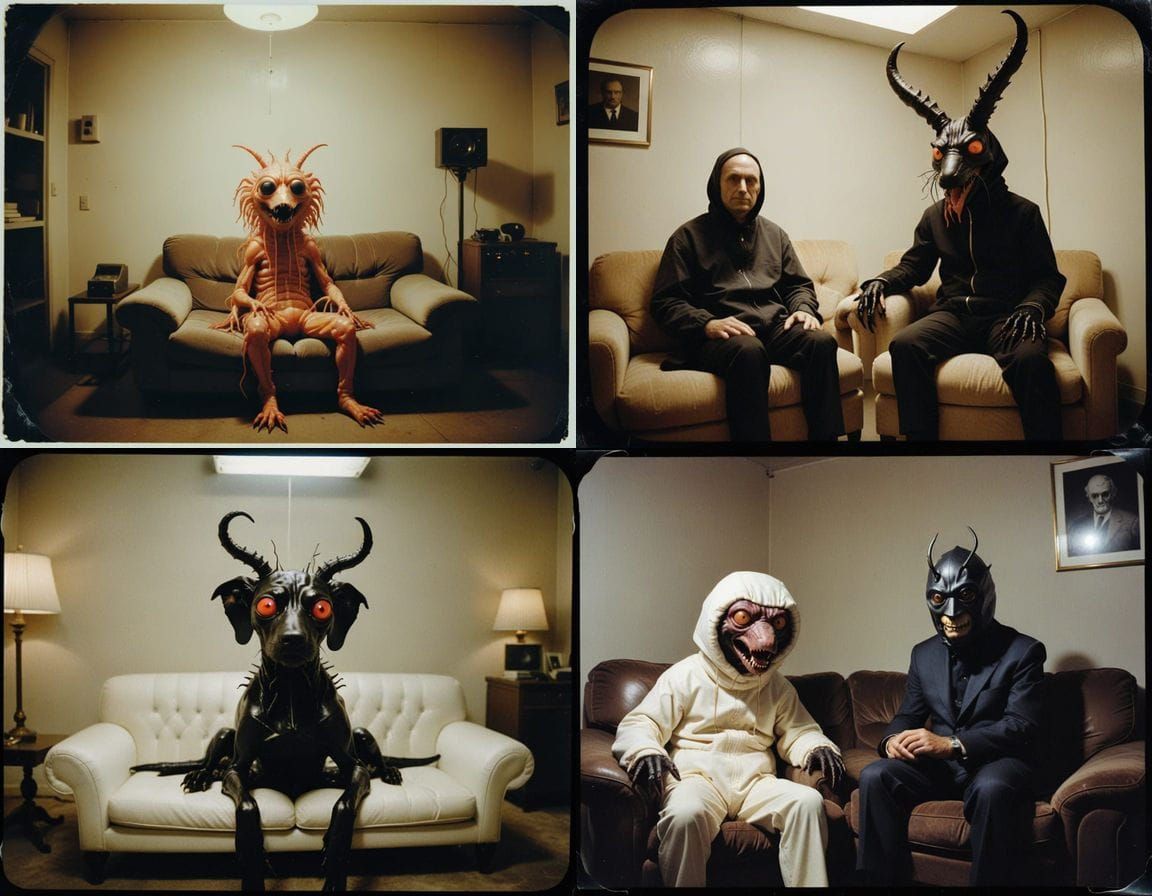 Mutated Prawn Dog Seated Before Giant Gimp in 80s Polaroid H...