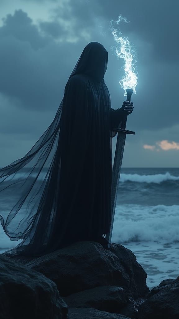 Mysterious Veiled Sorcerer on Stormy Coast