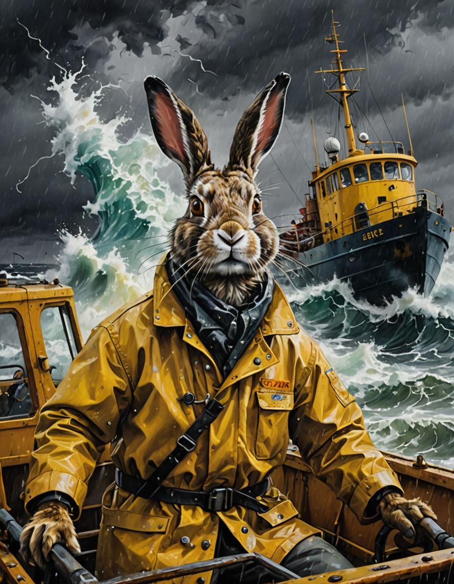 Rabbit's High Seas Adventure: A Stormy Oil Painting