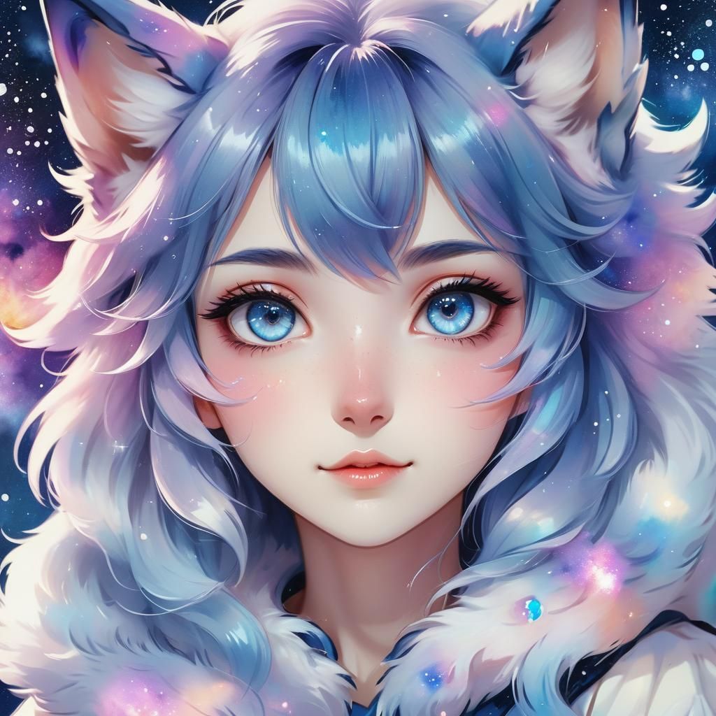 Anime Girl with Galaxy Eyes and Wolf Ears