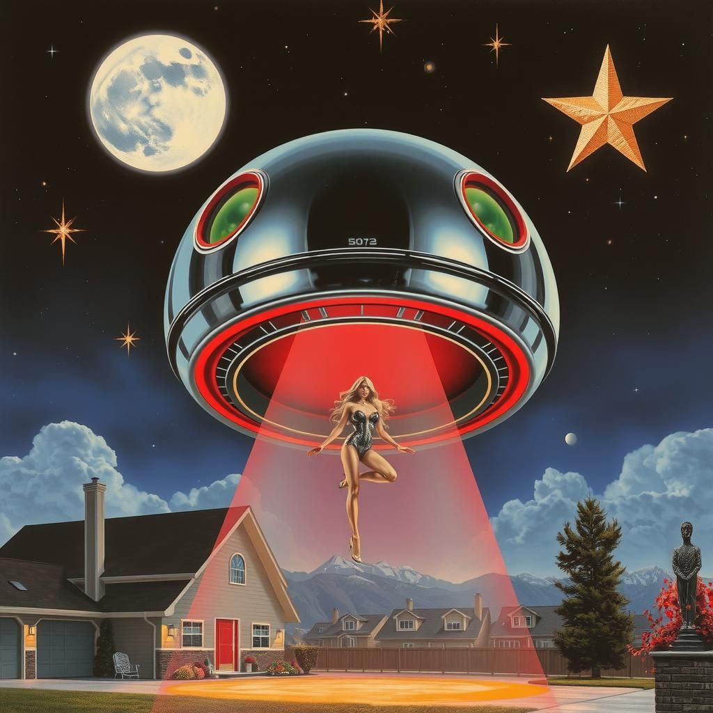 Chrome Smiley Face UFO Abduction in Cyberpunk Style