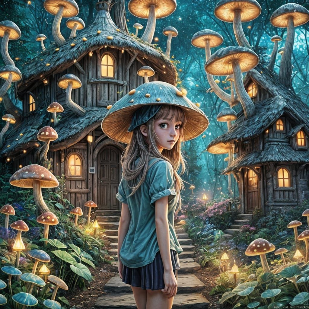 Mushroom Girl in Glowing Forest: Anime Style