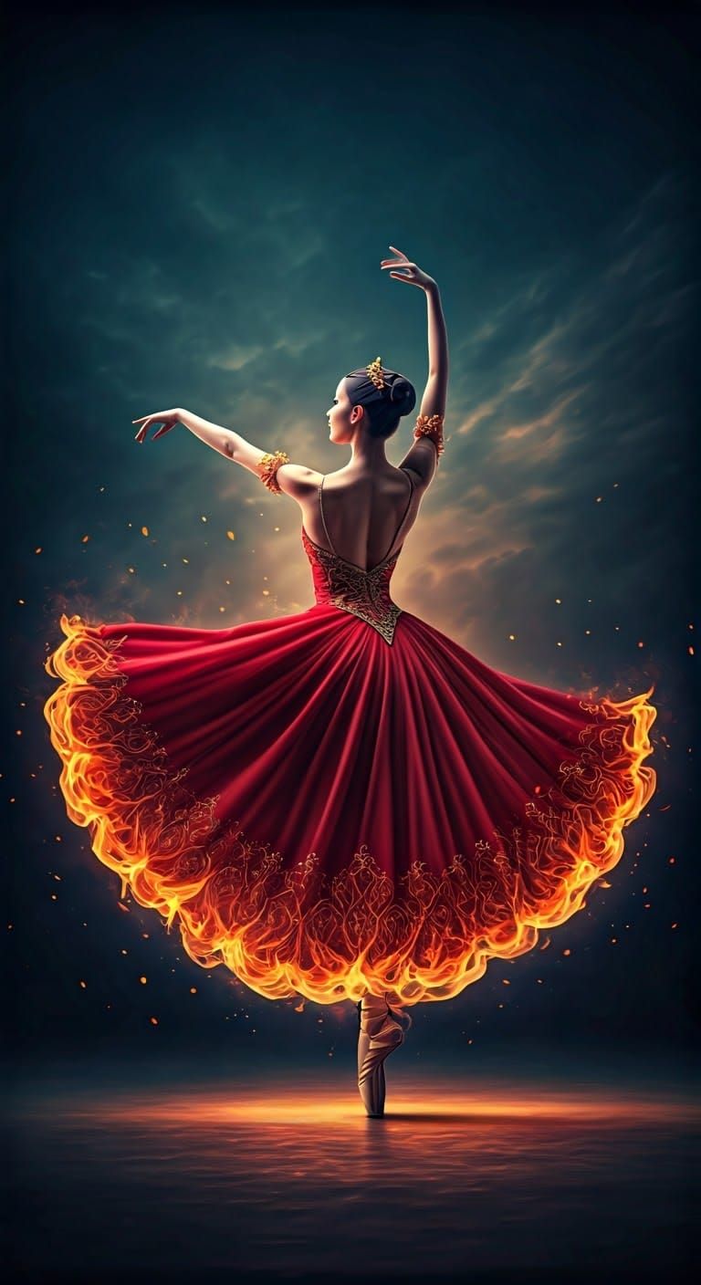 Fiery Ballerina in Exquisite Gown Dances in Sky