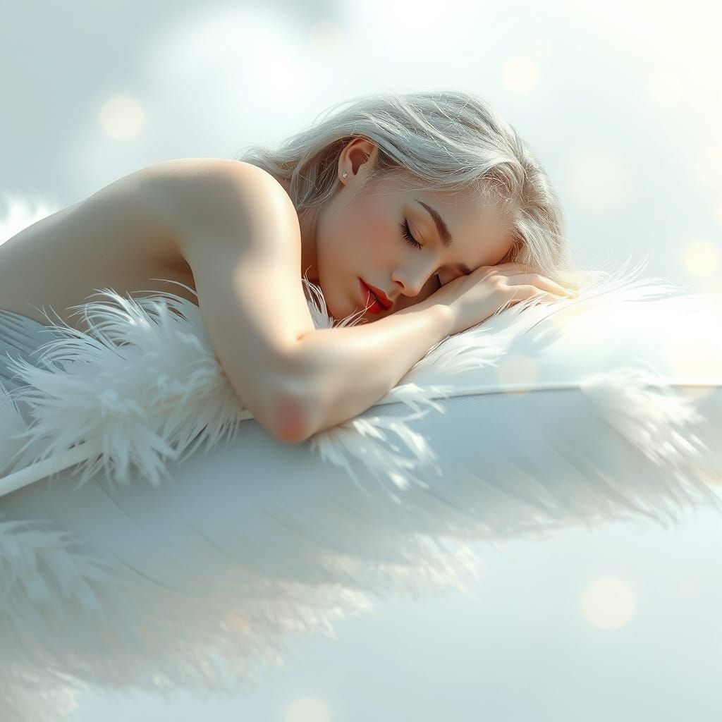 Serene Woman Sleeps on Giant Feather in Ethereal Mist