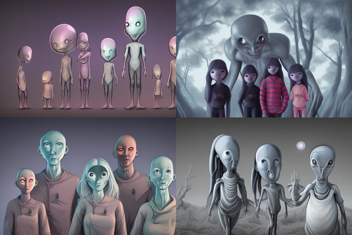 Grey Alien Family Portrait in Japanese Art Style