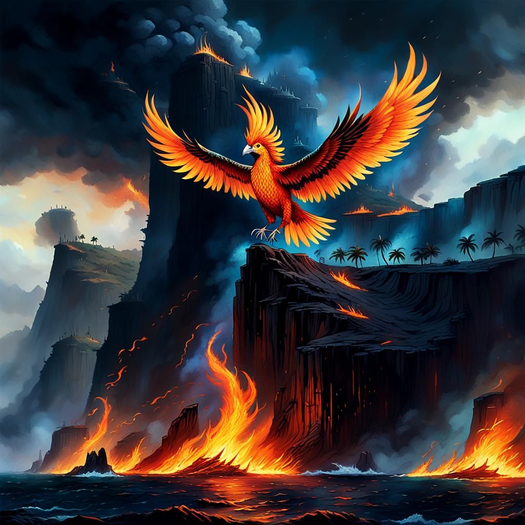 Firebird Guardian Soars Over Mysterious Island