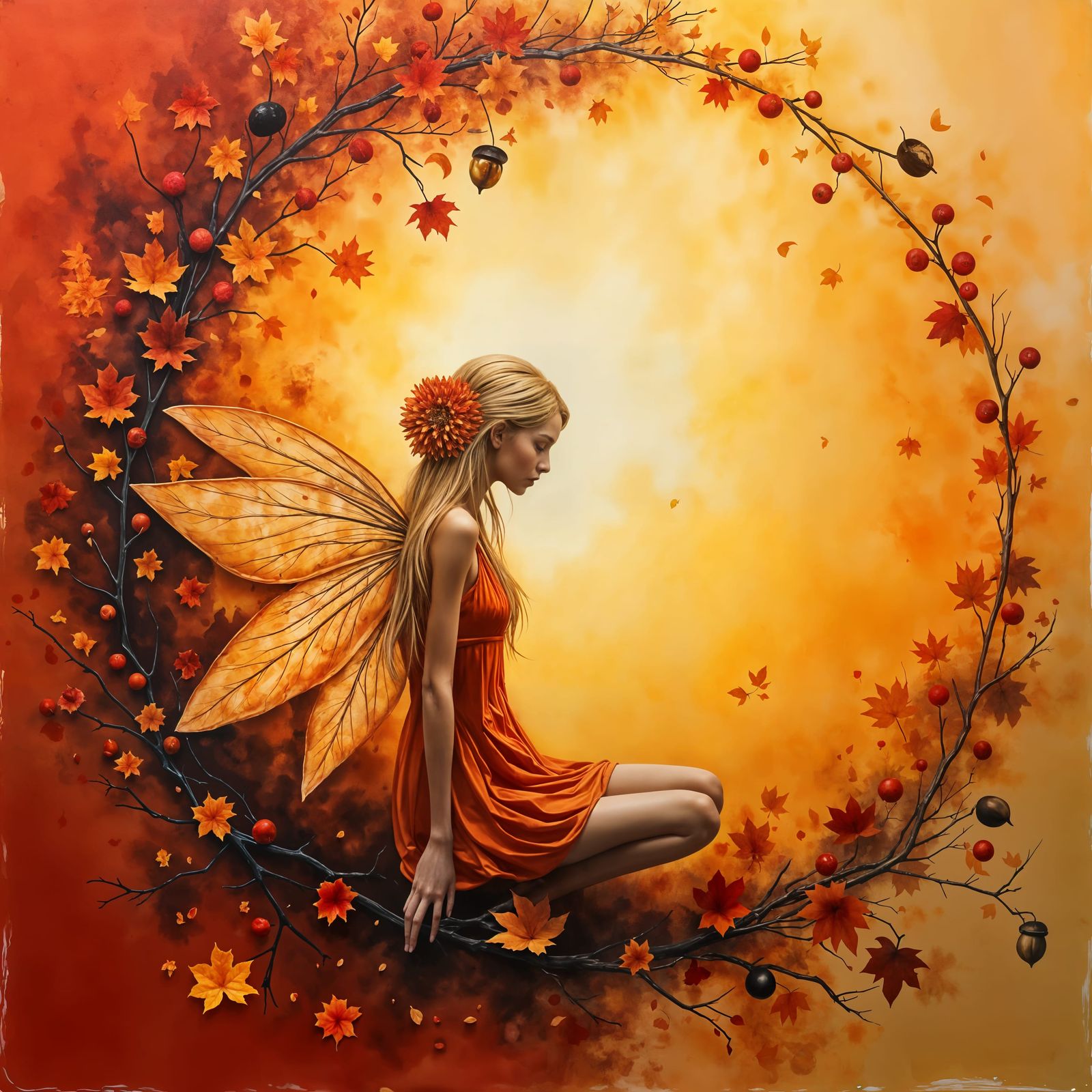 Autumn Essence Abstract Painting with Flower Fairy