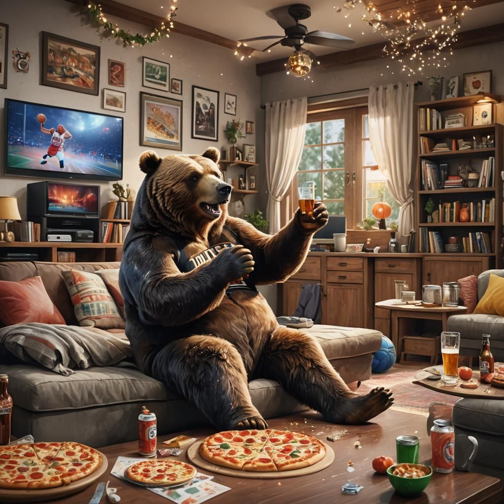 Excited Bear Basketball Fan in Watercolor Style