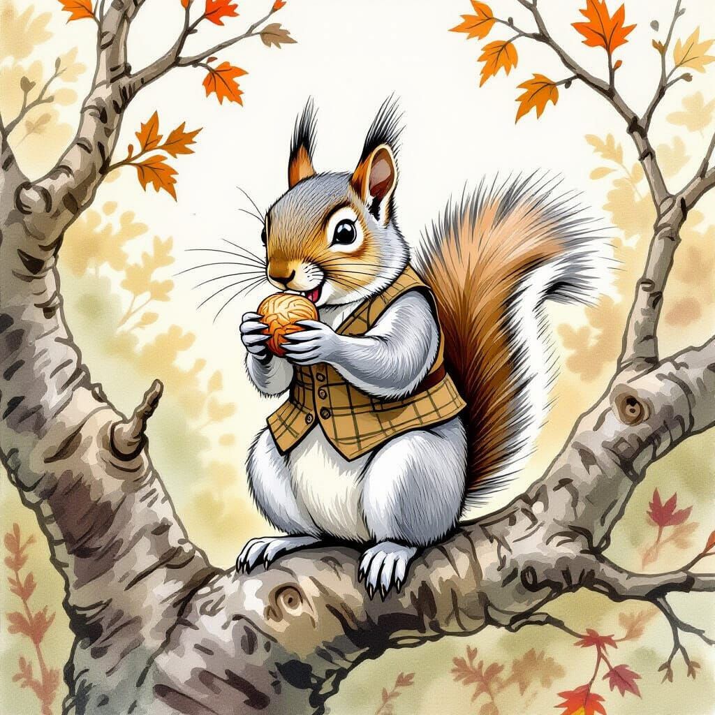 Squirrel in Waistcoat Stealing a Nut, Illustrated Style