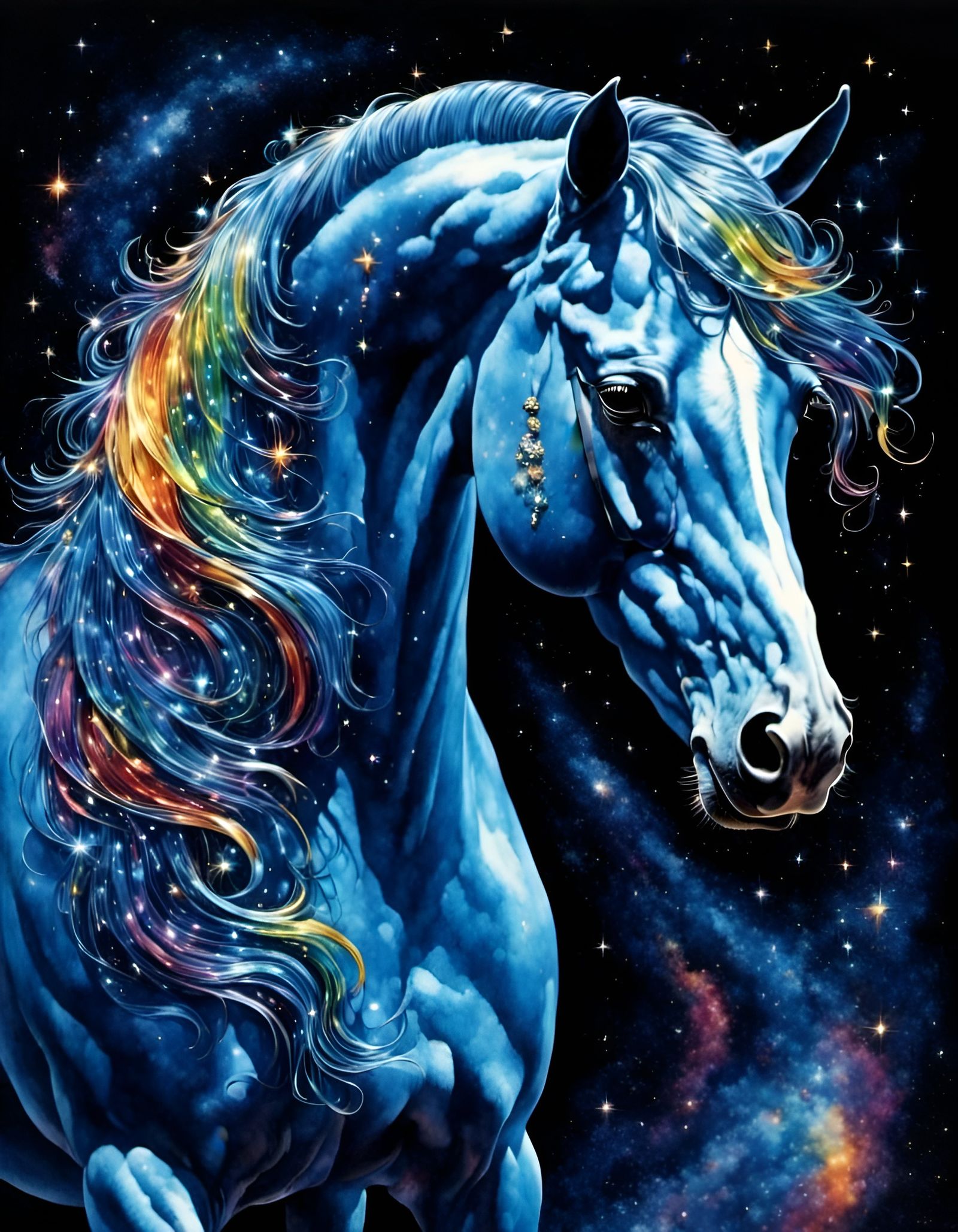 Shimmering Blue Glass Horse with Rainbow Mane