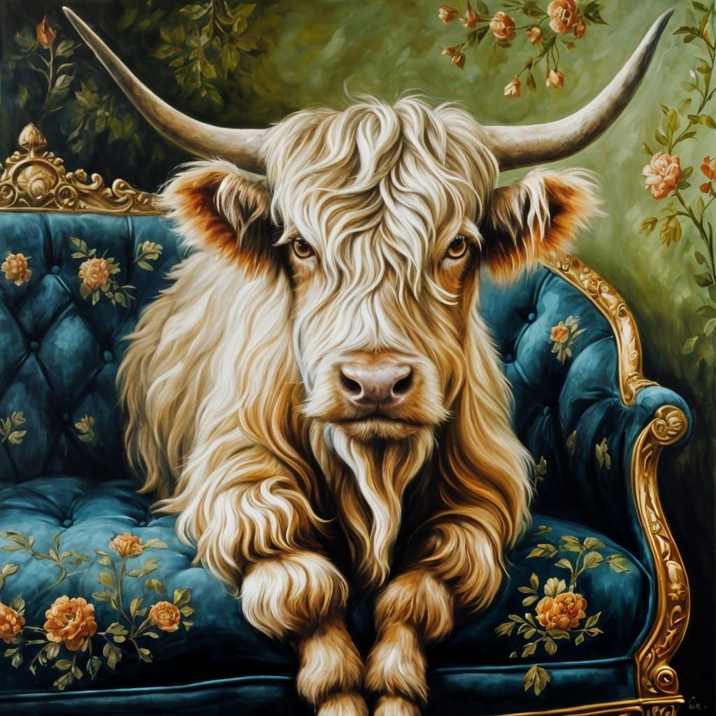 Whimsical Highland Cow Portrait in Baroque Style