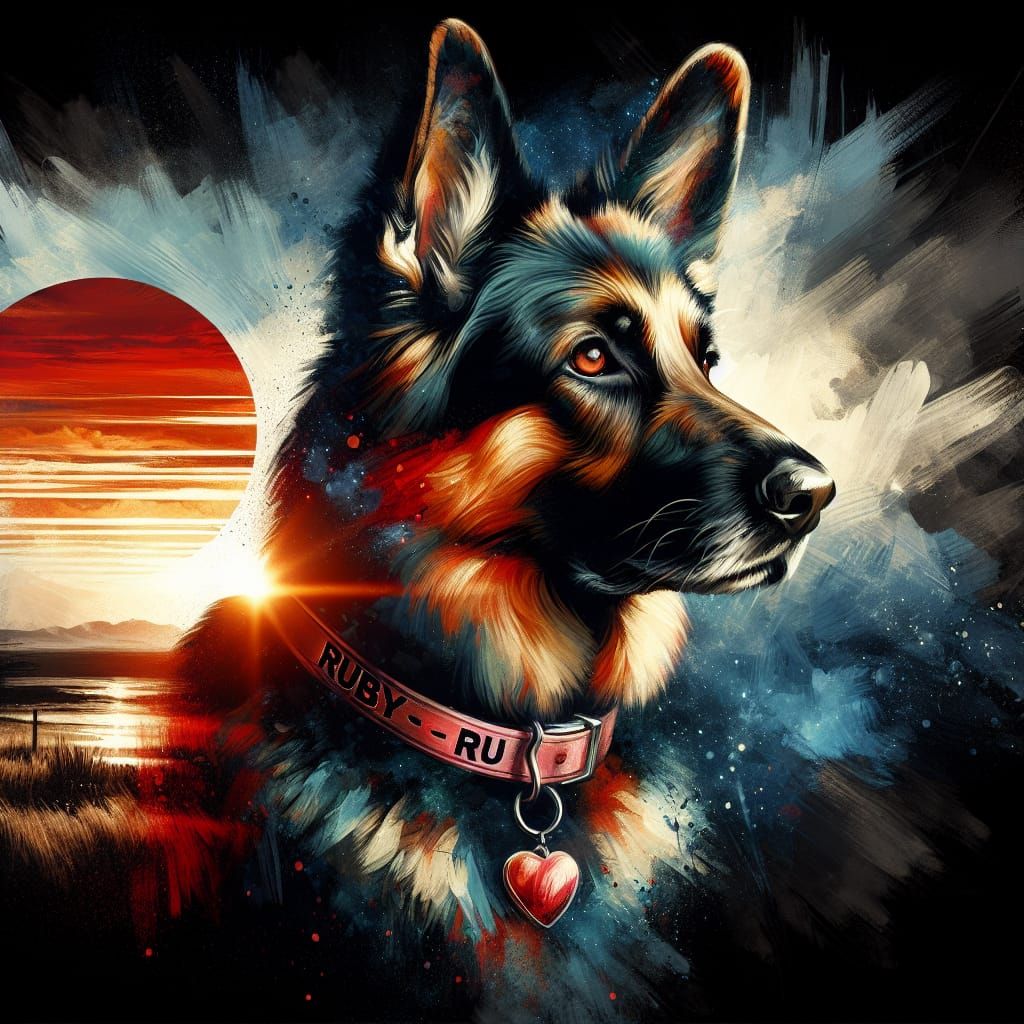 German Shepherd Double Exposure Oil Painting