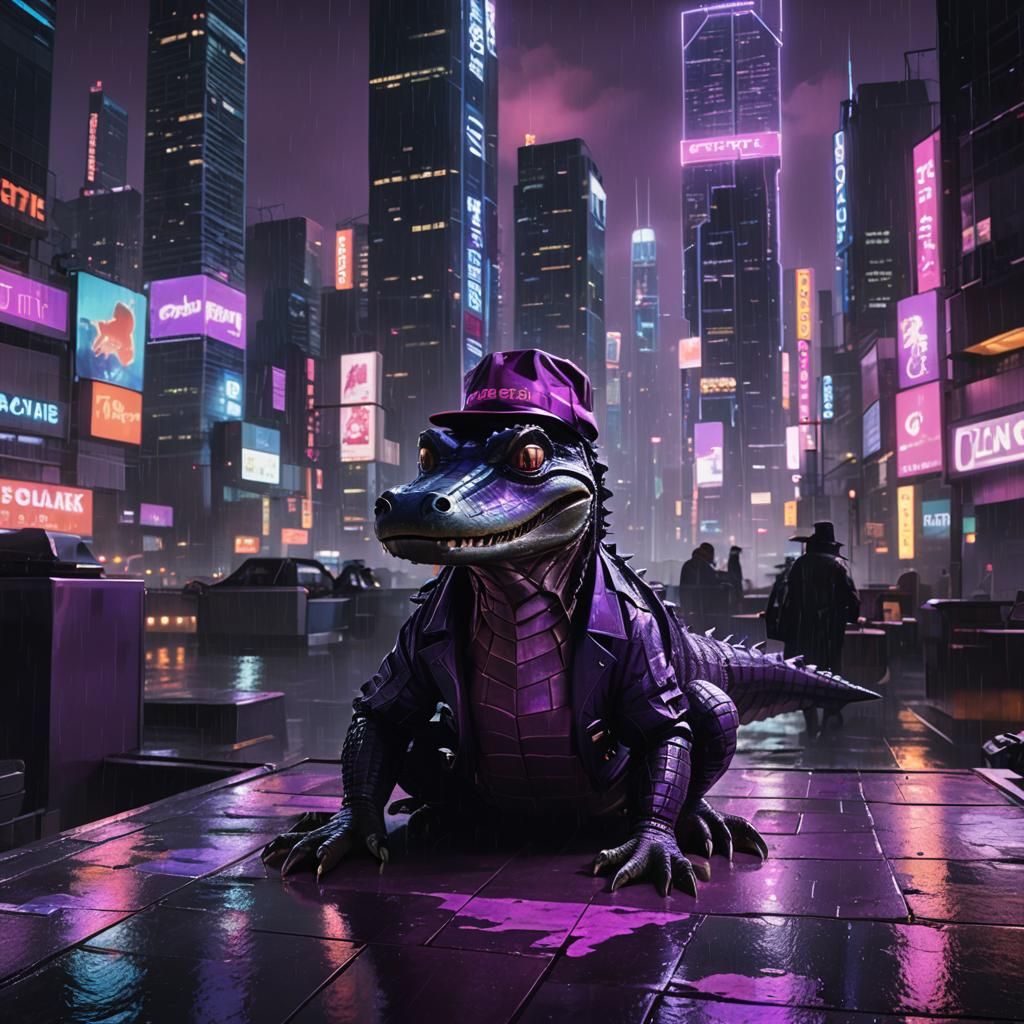 Cyberpunk Alligator Santa in Neon Cityscape
