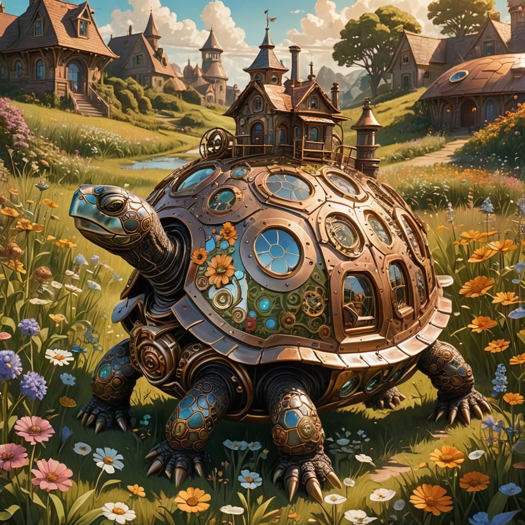 Steampunk Turtle House in Sunny Field, 8k