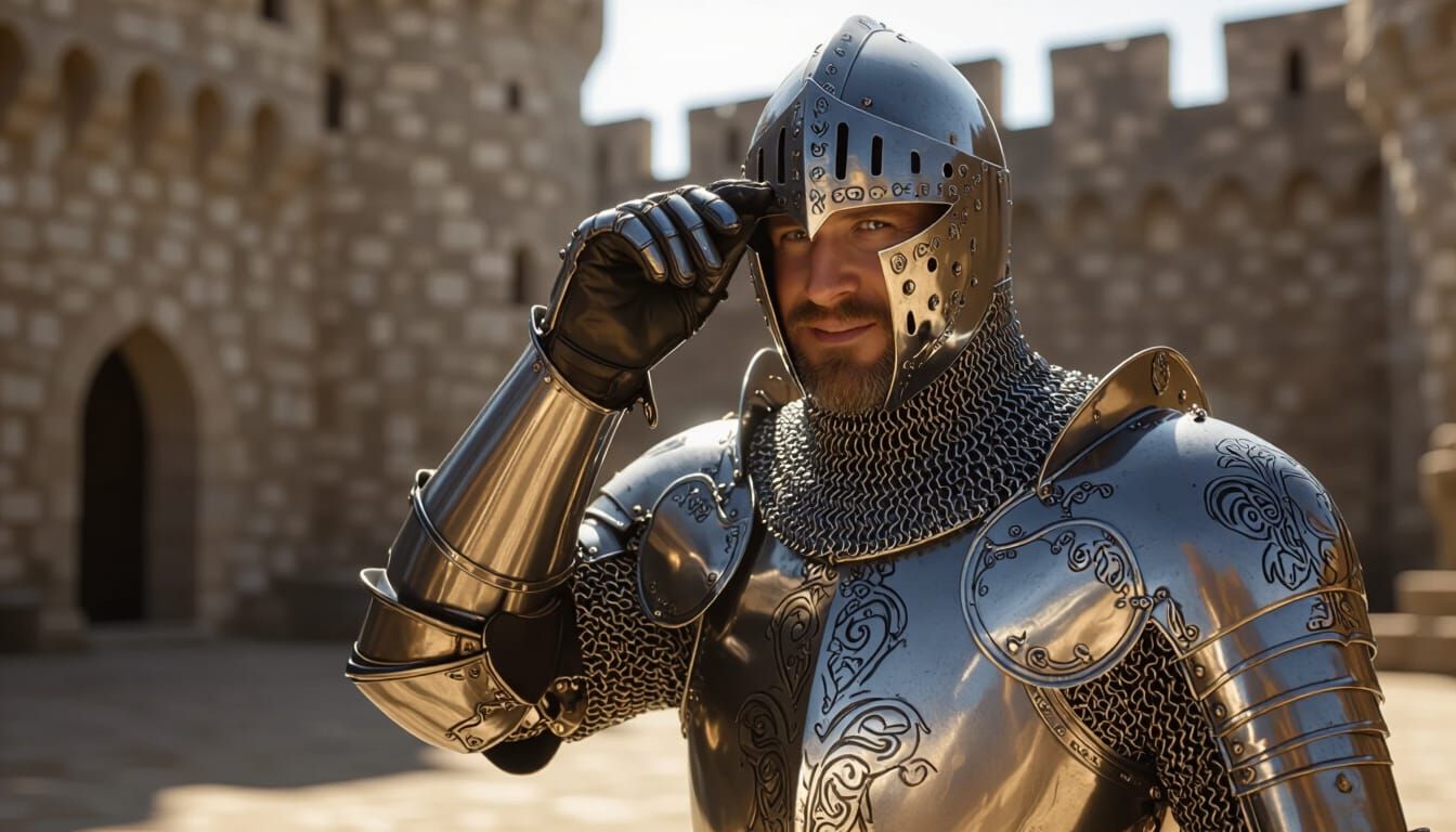 Knight Lifts Helmet in Sunlit Castle Courtyard