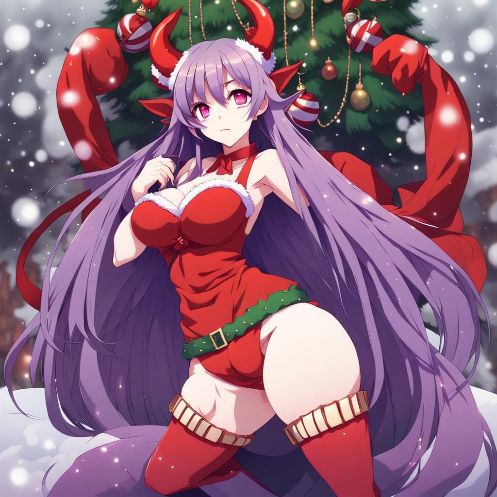 Anime Girl in Christmas Outfit with Devil Horns
