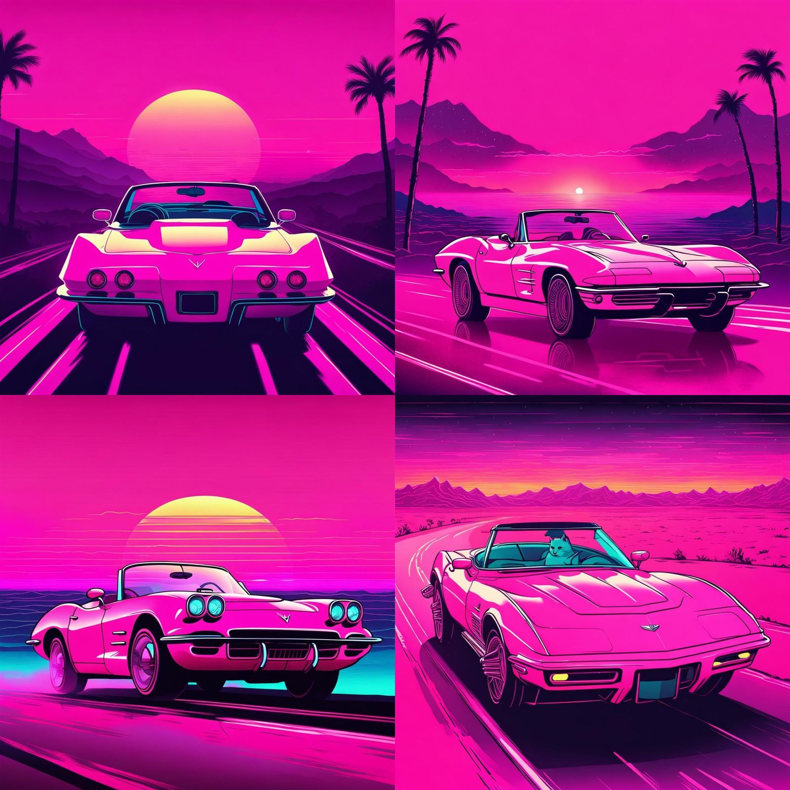 Cat in Pink Corvette: Synthwave Neon Dream