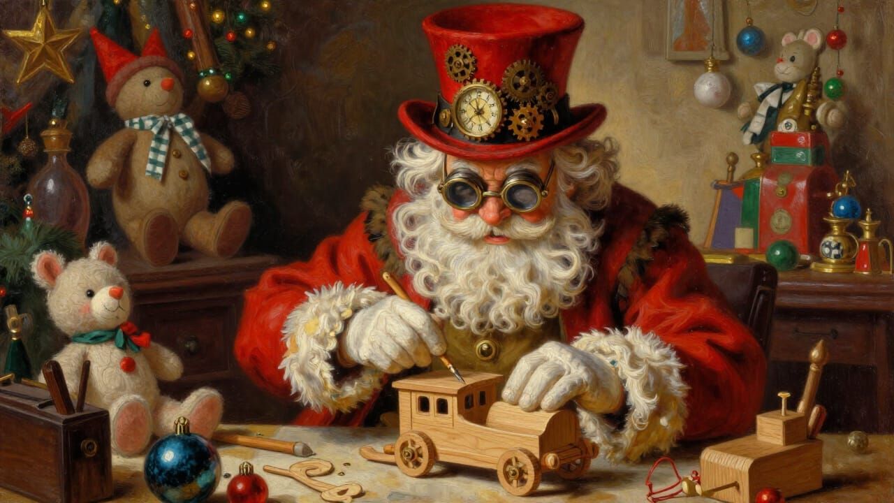 Steampunk Santa Carving Toys in Warm Oil Painting Style