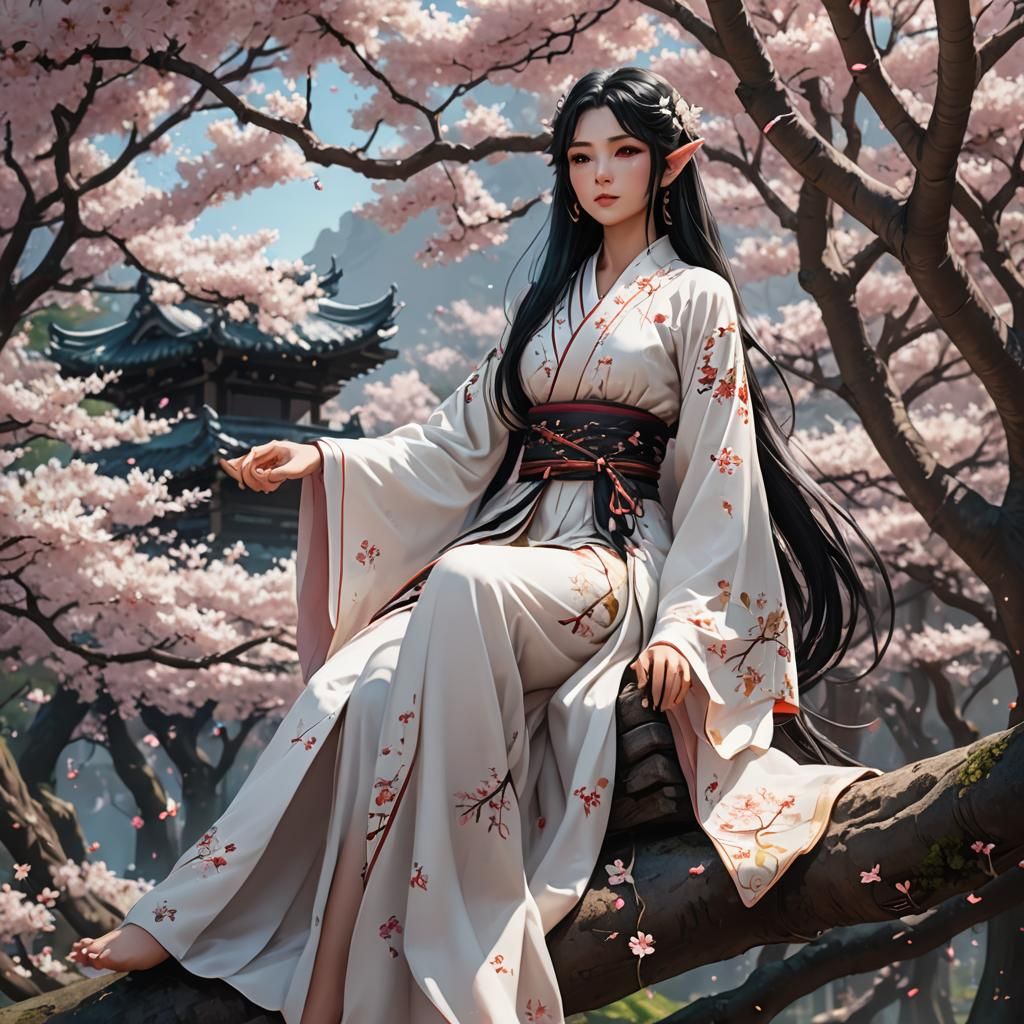 Beautiful Anime Elf Girl Among Sakura Trees