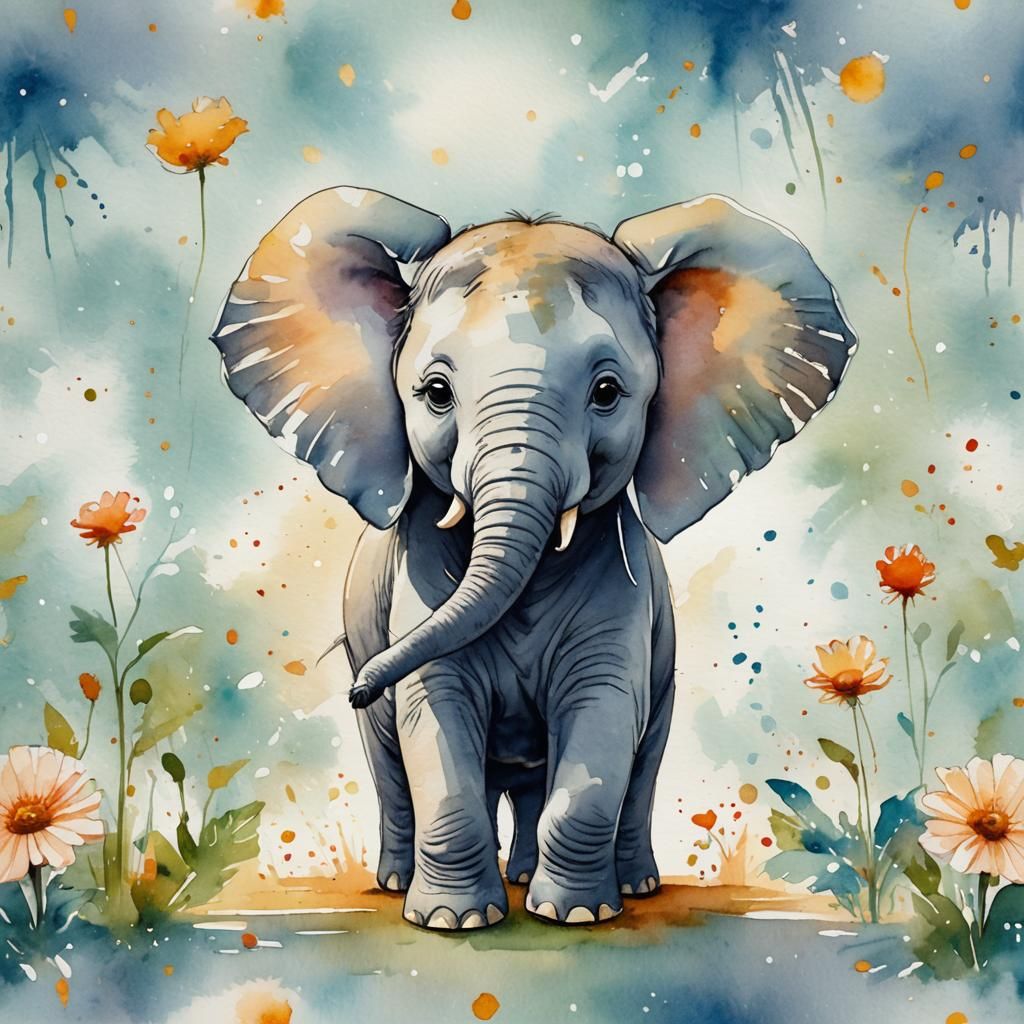 Cute Cartoon Elephant Nursery Art in Watercolor Style