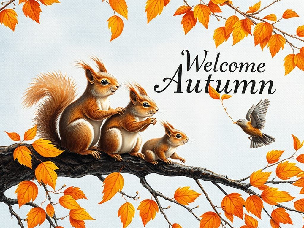 Joyful Autumn Squirrels and Bird on Branch