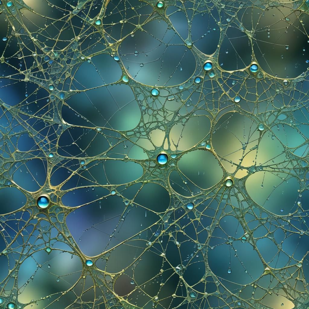 Neon Fractal Webs with Rain Drops in Vector Art