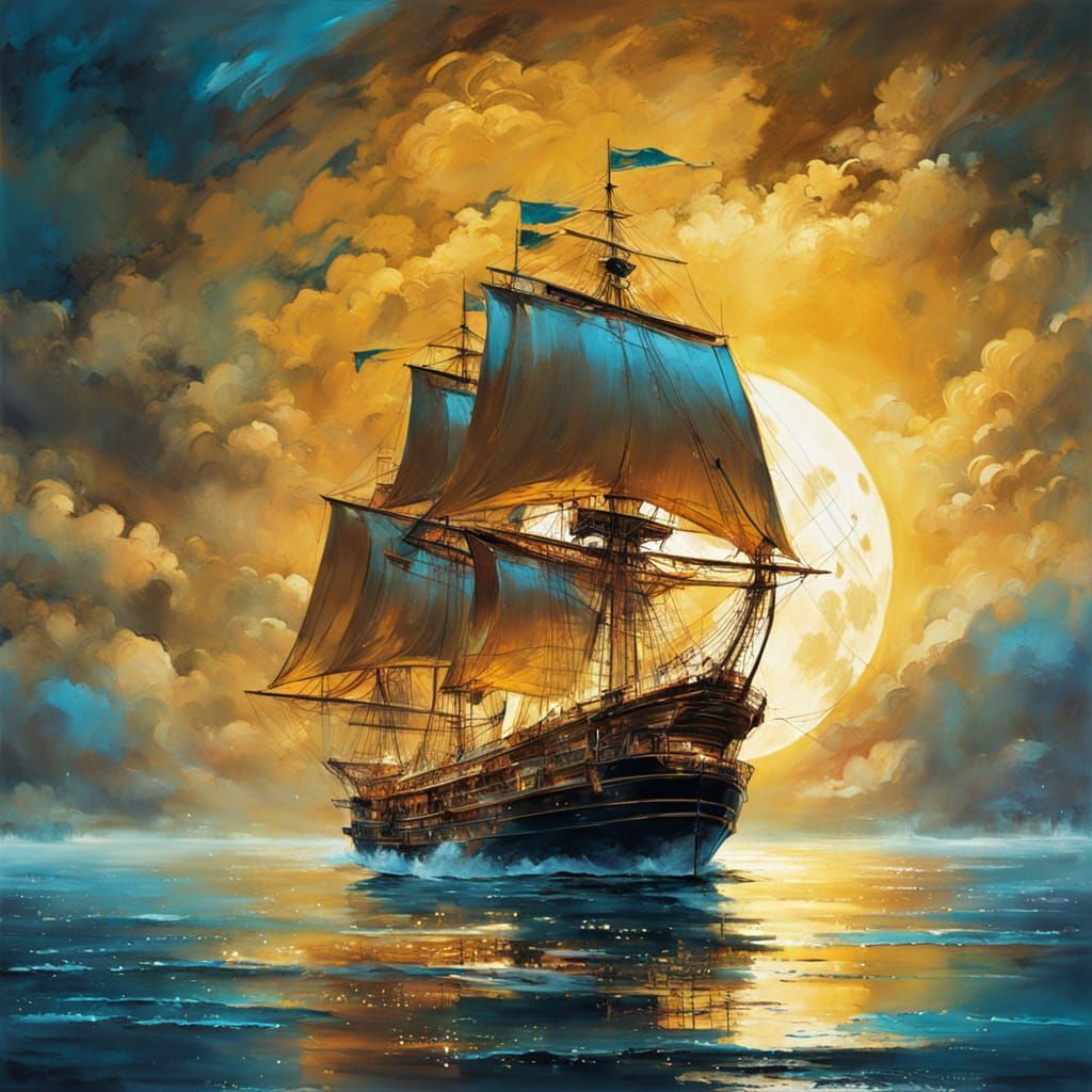 Golden Sailing Ship Under Blue Moonlit Sea