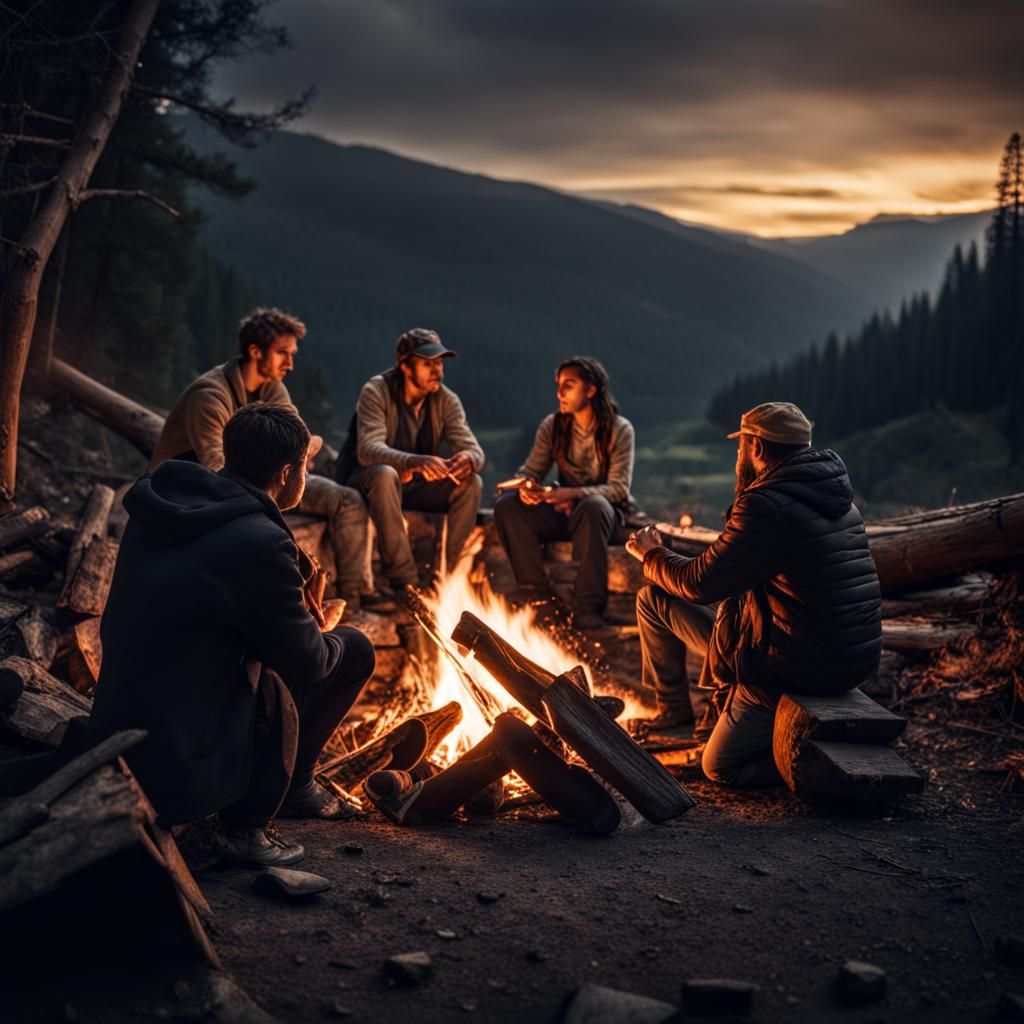 Intricate Campfire Story: Hyperrealistic Cinematic Image