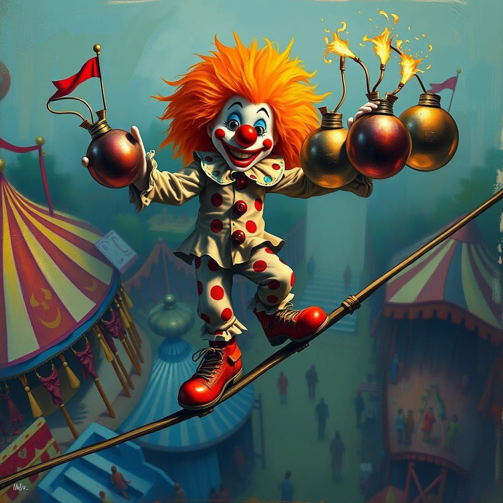 Whimsical Clown Juggles Bombs on Tightrope in Vibrant Circus...