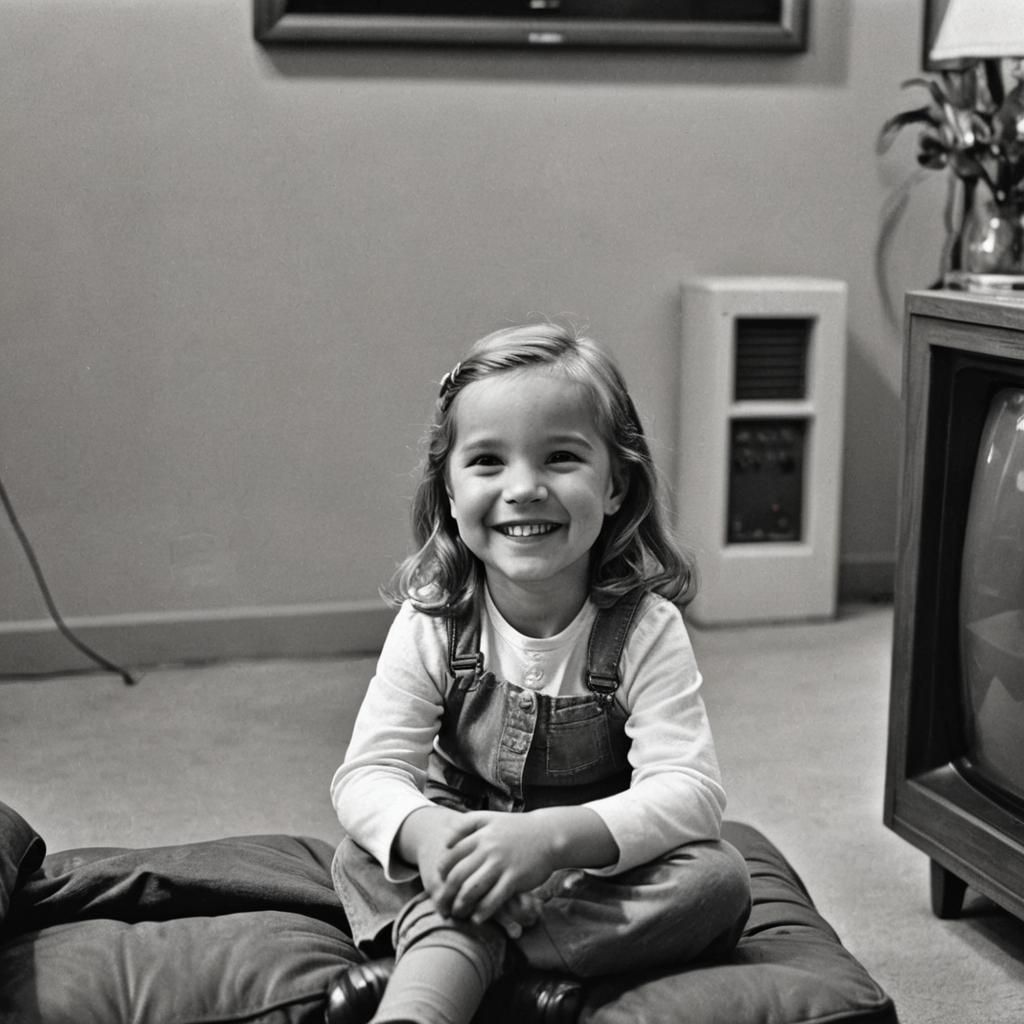 Girl's First Color TV Show: Candid B&W Photo