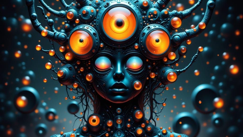 Mysterious Three-Eyed Figure in Circuitry Panopticon