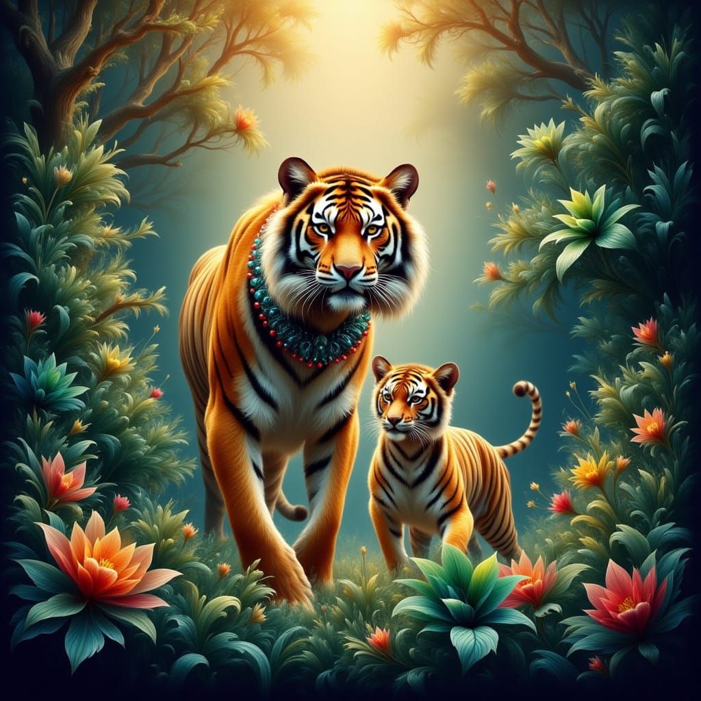 Vibrant Tiger Family in Lush Jungle