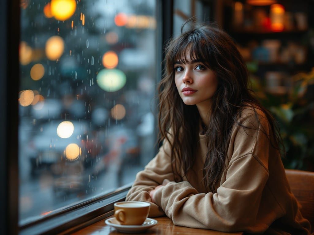 Glowing Young Woman Lost in Coffee Shop Rainy Day Moment