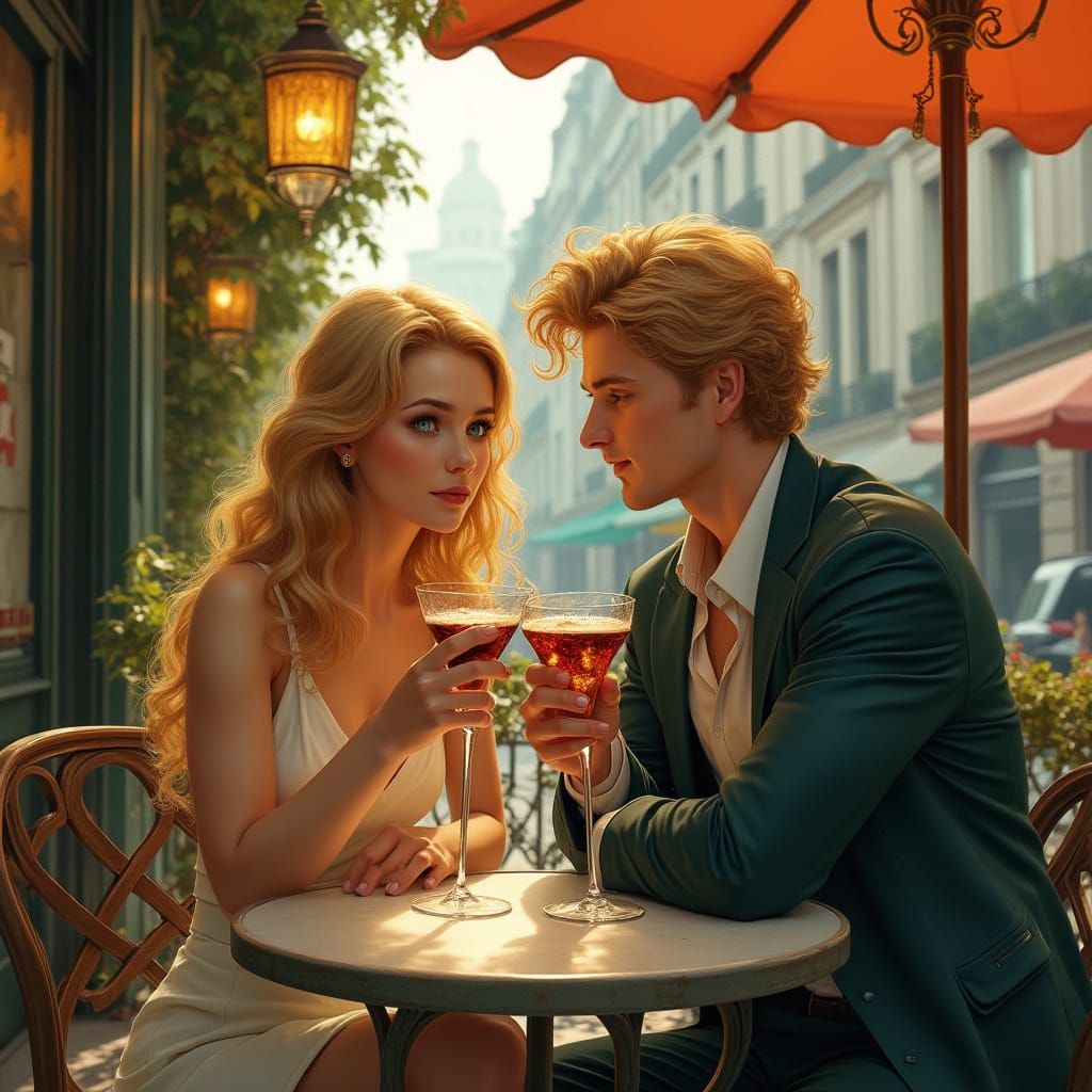 Parisian Cafe Scene in Art Nouveau Style