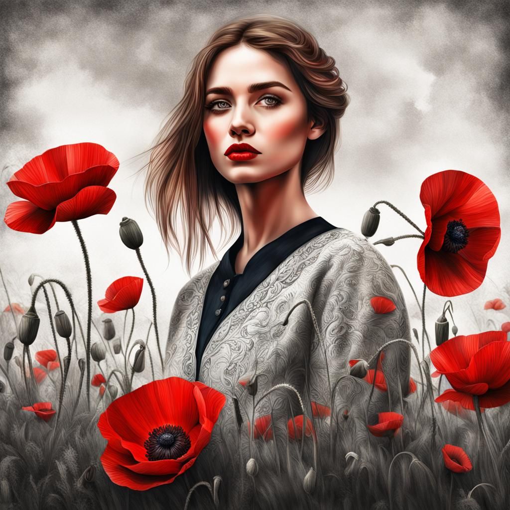 Elegant Girl with Red Poppies: Hyperrealistic Digital Art