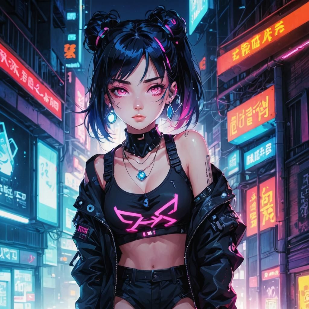 Cyberpunk Girl with Neon Lights and Piercings