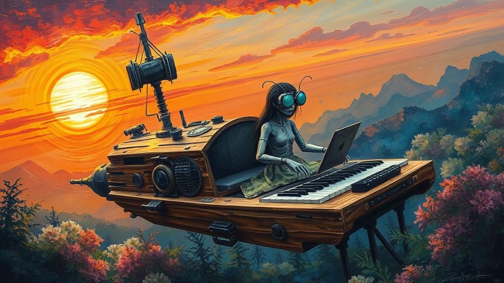 Spacecraft Sails Through Sunset Galaxy in Glass Forest