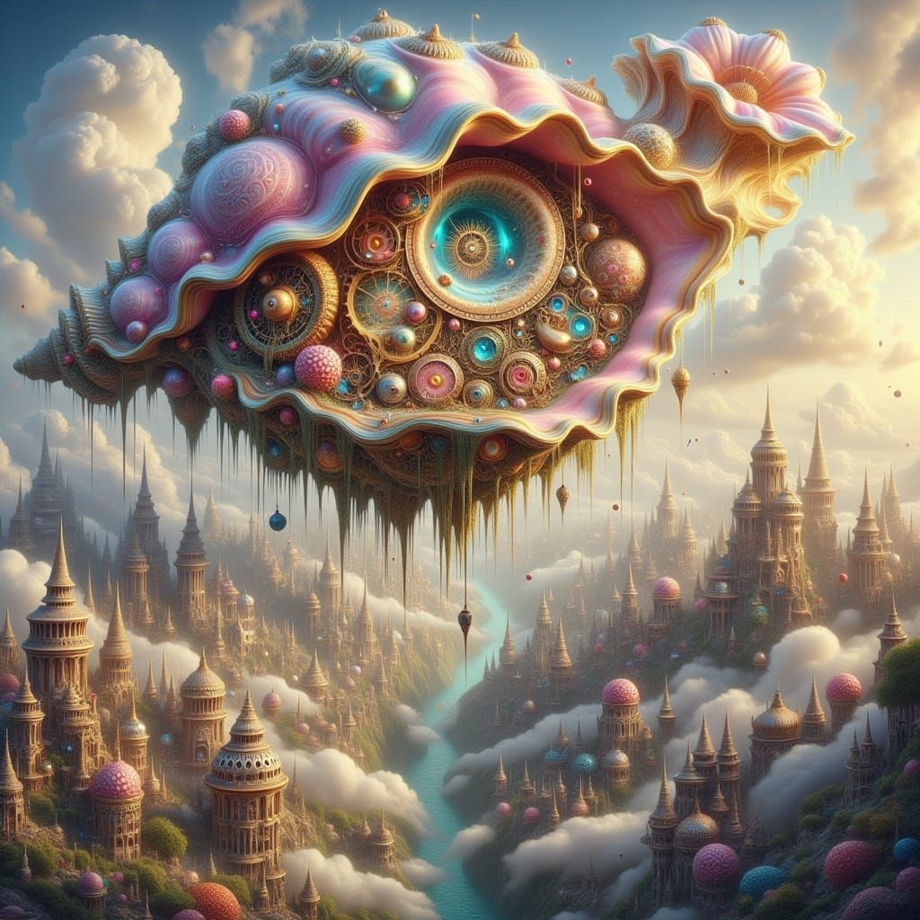 Steampunk Pearl Airship Soaring Above Victorian City