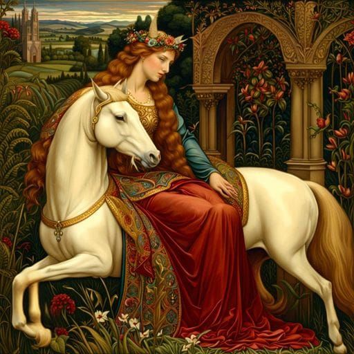 Maiden and Unicorn in Pre-Raphaelite Style