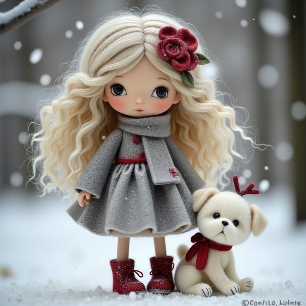 Cherubic Girl with Puppy in Snowy Wonderland
