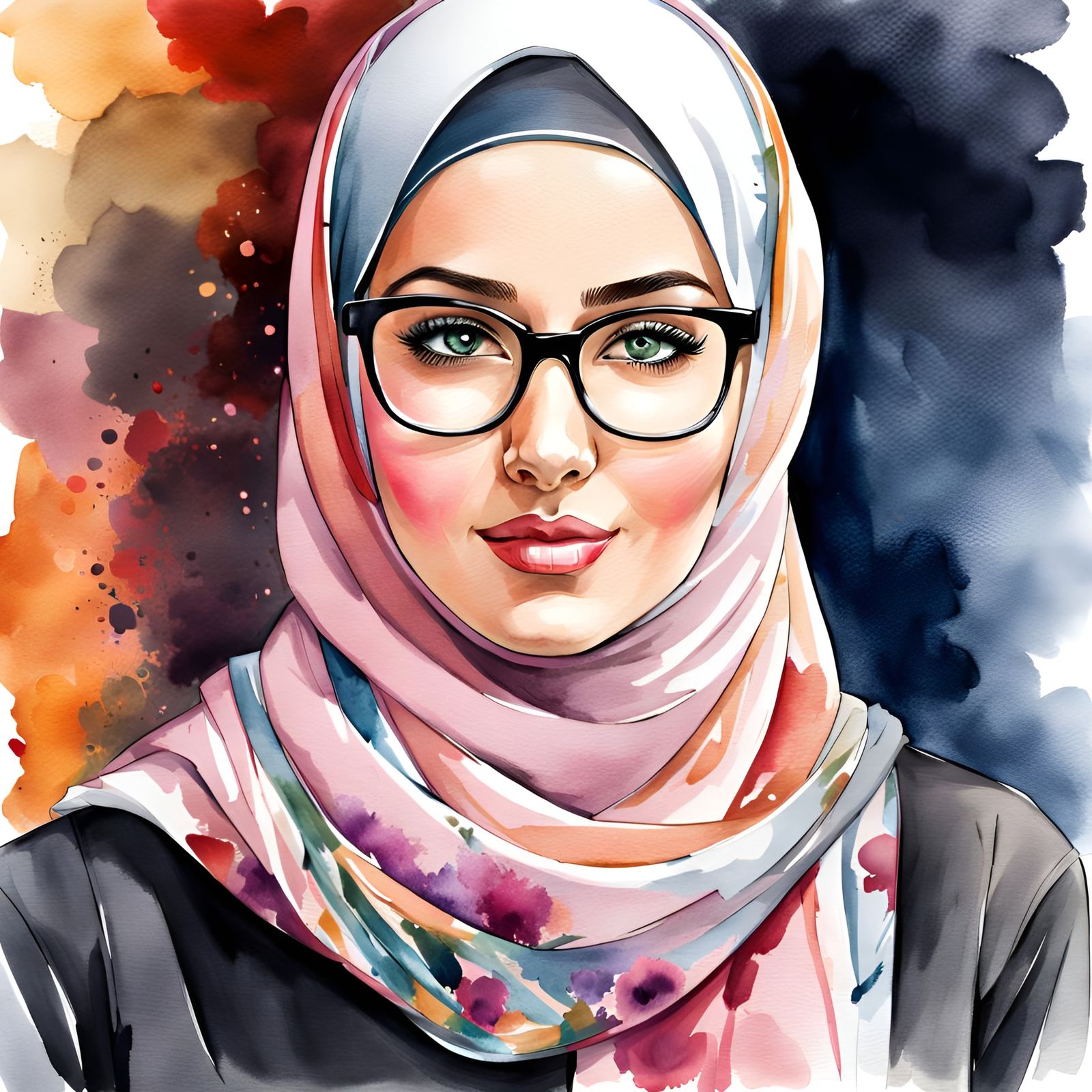 Beautiful Hijabi Student Portrait in Watercolor Style