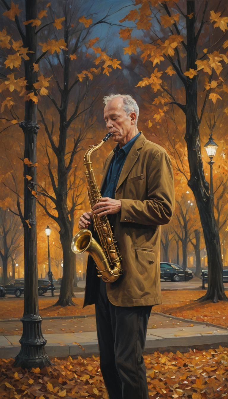 Saxophonist Plays Autumn Leaves: Impressionist Oil Painting