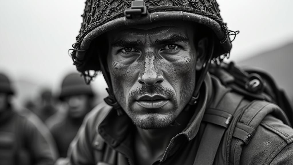 Battle-Hardened Soldier on Battlefield in Black and White
