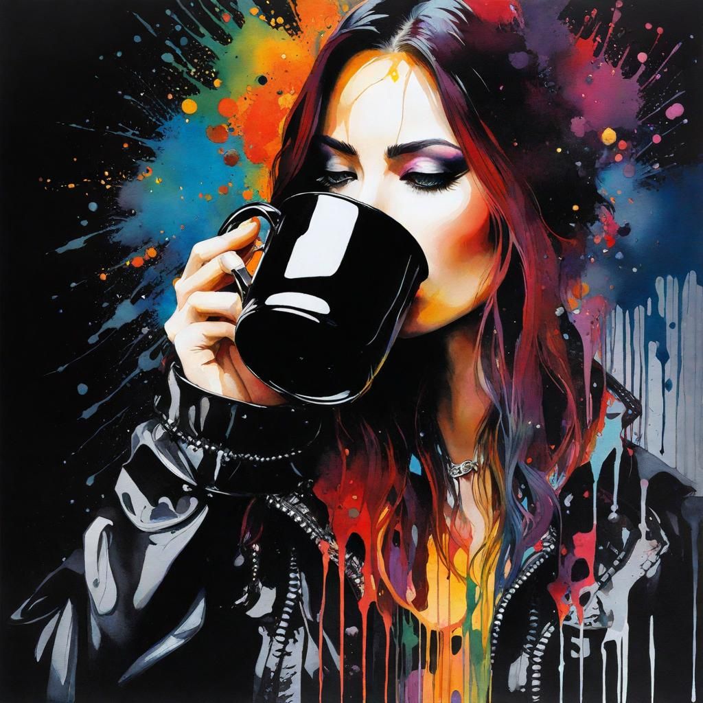 Goth Woman Coffee: Double Exposure Watercolor Painting
