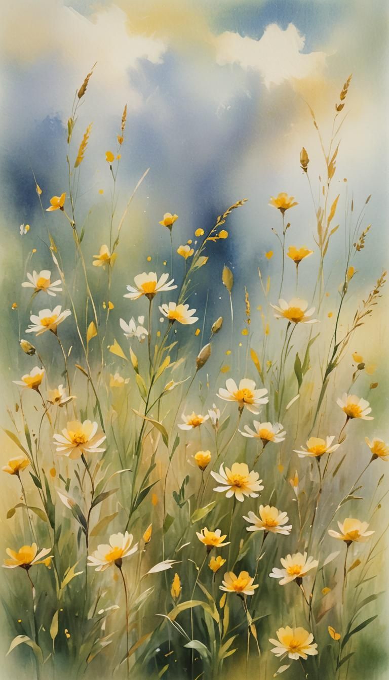 Yellow Flowers in Impressionistic Sunny Meadow