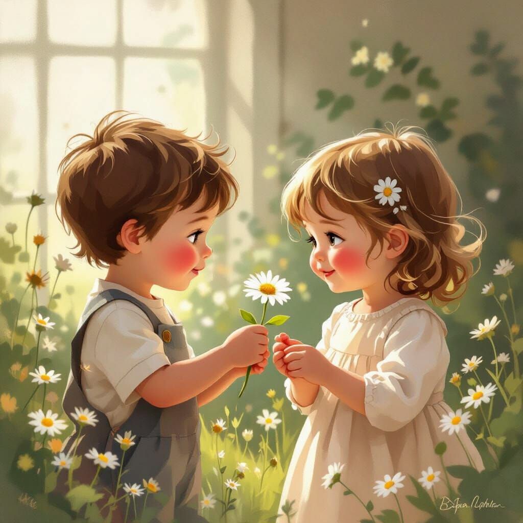 Boy Gives Daisy to Blushing Girl in Whimsical Style