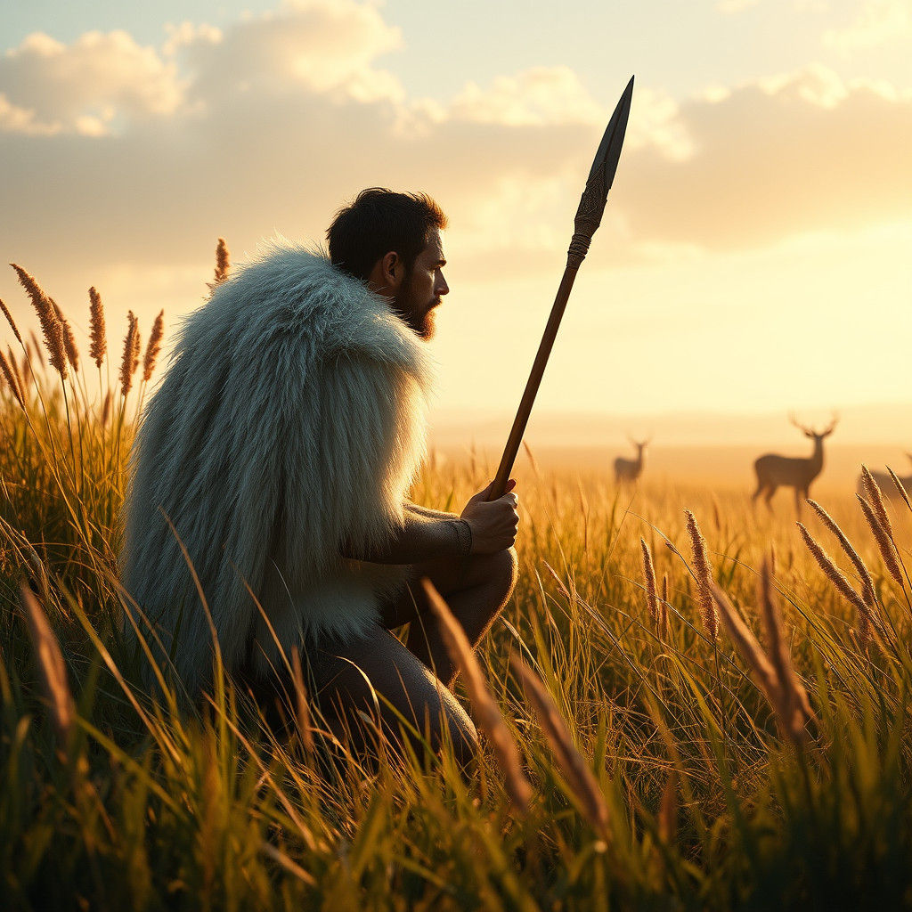 Prehistoric Hunter Observing Deer in Prairie Landscape