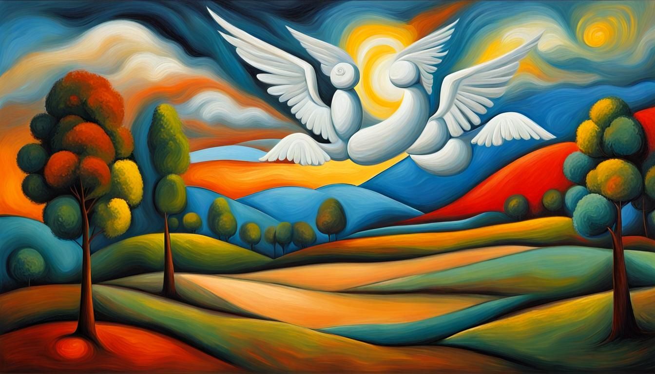 Angelic Landscape in Cubist Oil Painting Style