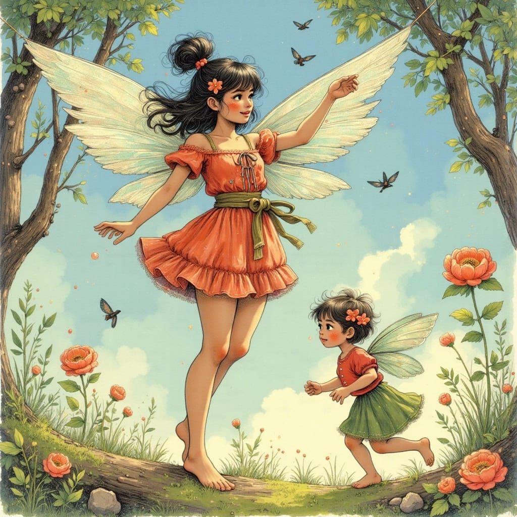 Enchanted Fae Woman Surrounded by Pixie Children