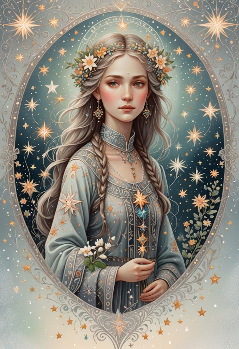 Latvian Goddess in Vibrant Folk Art Style